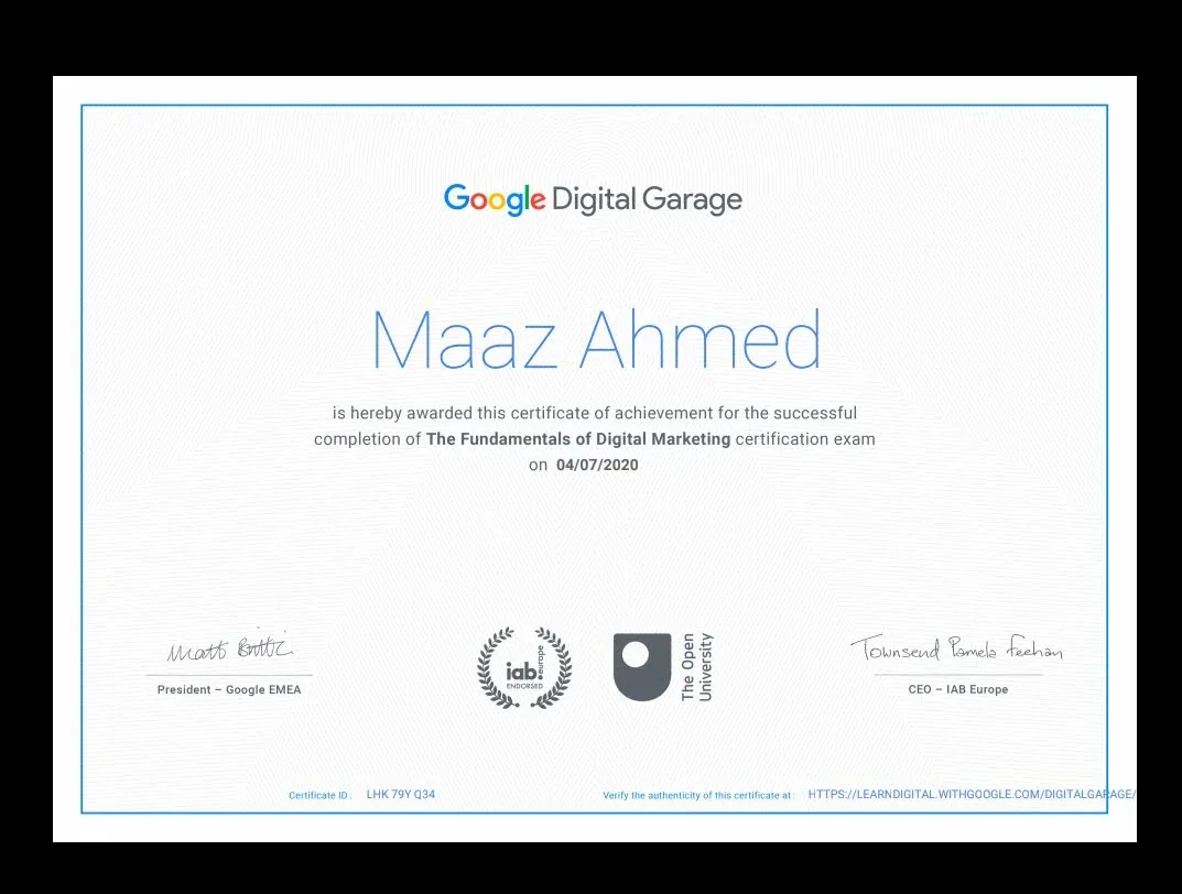 The Fundamentals of Digital Marketing certificate issued to Maaz Ahmed by Google Digital Garage