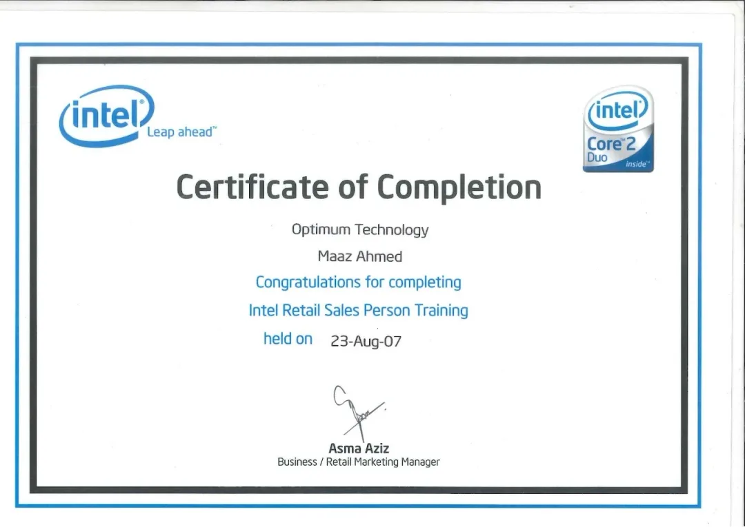 Intel Retail Sales Person Training certificate issued to Maaz Ahmed by Intel