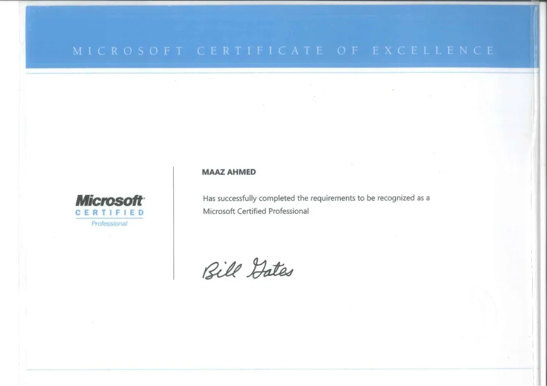 Microsoft Certified Professional certificate issued to Maaz Ahmed by Microsoft