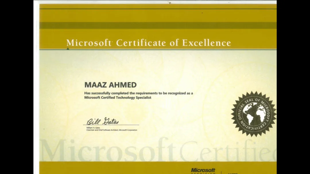 Microsoft Certified Technology Specialist certificate issued to Maaz Ahmed by Microsoft