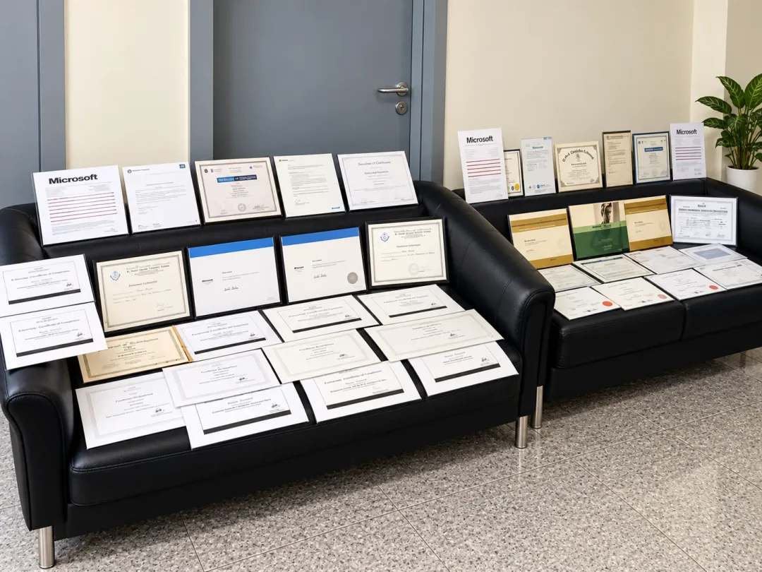 Dozens of Maaz Ahmed’s printed certificates laid out across two black sofas