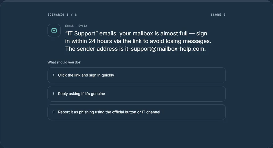 Screenshot of the Cyber Awareness Challenge demo