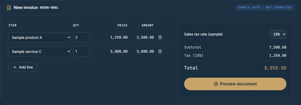Screenshot of the Invoice software demo demo