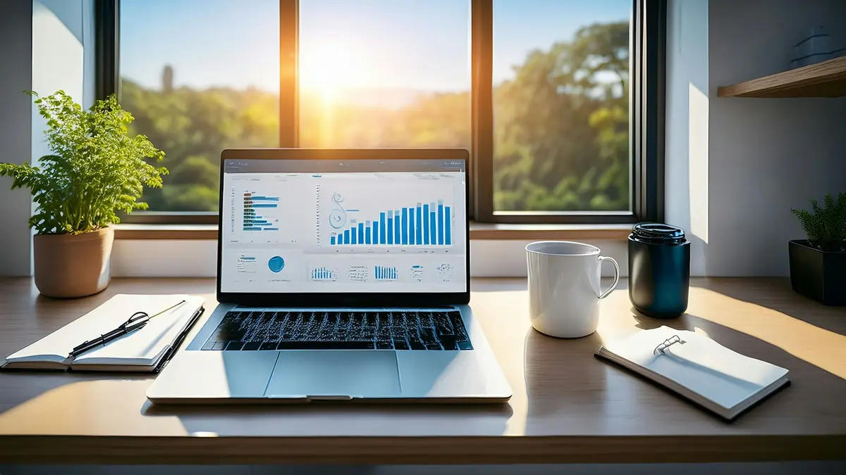 Laptop showing charts on a desk beside a sunny window